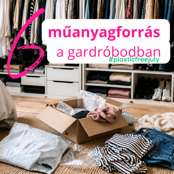 teli gardrób, sok ruhával, előtte a földön egy online rendelés félig kicsomagolva rendetlenül. kartondoboztban, de a ruhacsomagoló nejlonzsákok láthatóak.